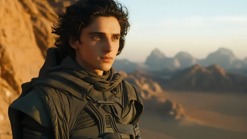 Desert wanderer gazing into golden dunes at quiet sunset.