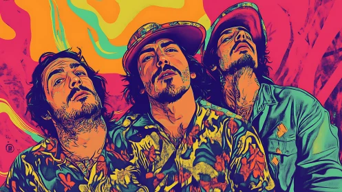 Pop art triptych portrait with neon duotone palette and flowlines.