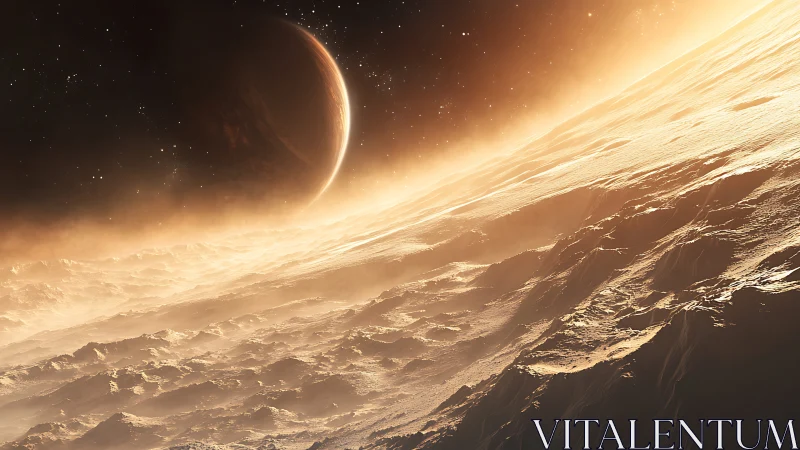 Icy exoplanet horizon under glowing orbital gas giant.