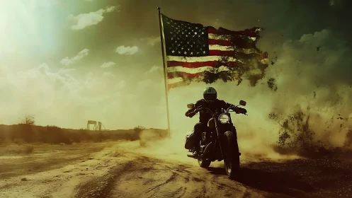 Dust-slinging rider carves freedom beneath a blazing flag