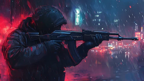 Hooded gunman aiming rifle in neon soaked rainy city night.