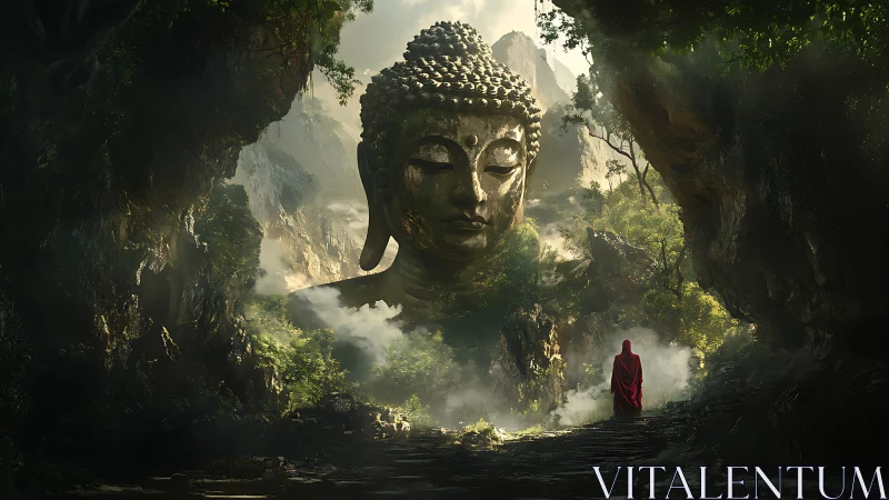 Monolithic Buddha head in misted gorge with robed pilgrim.