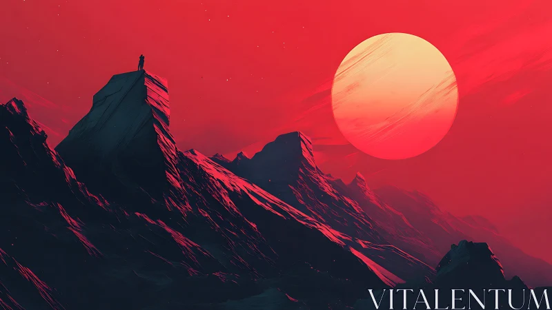 Solitary figure studies alien mountain ridge under crimson sun