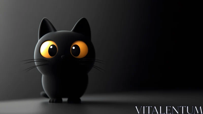 Cute Cartoon Black Cat with Big Yellow Eyes on Dark Background.