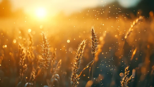 Sunlit wheat spikes with warm bokeh and dust motes in air.