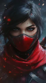 Battle-scarred masked assassin portrait with red tactical scarf