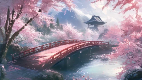Cherry blossom bridge over tranquil river in misty valley.