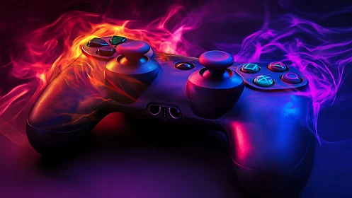 Dual-analog game controller with neon-magenta flame effects