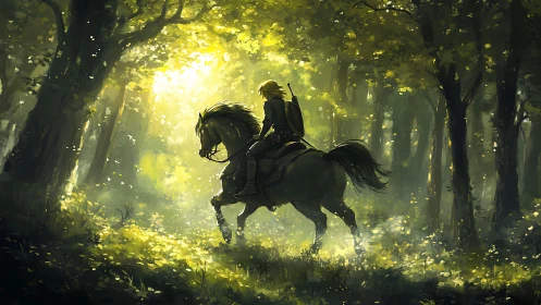 Gentle rider entering a sunlit forest of quiet adventure.