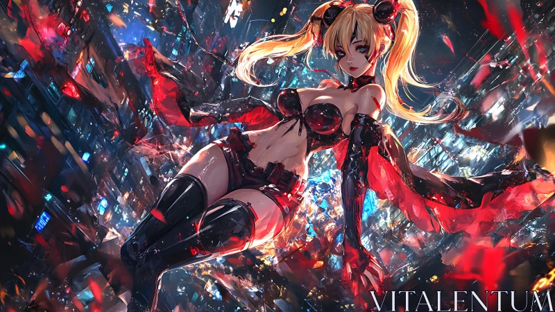 Cyberpunk anime vixen over neon cityscape in red storm.