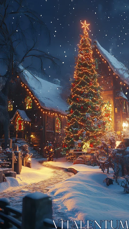 Illuminated winter streetscape with vertically dominant tree.