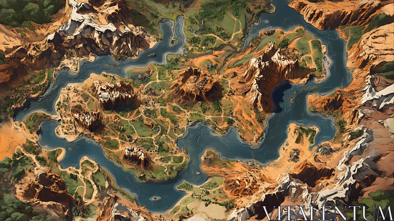 Story-rich canyon archipelago map curled in sapphire rivers.