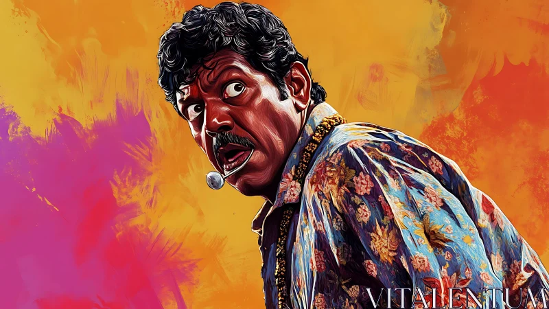 Colorful digital portrait of surprised man in floral shirt.