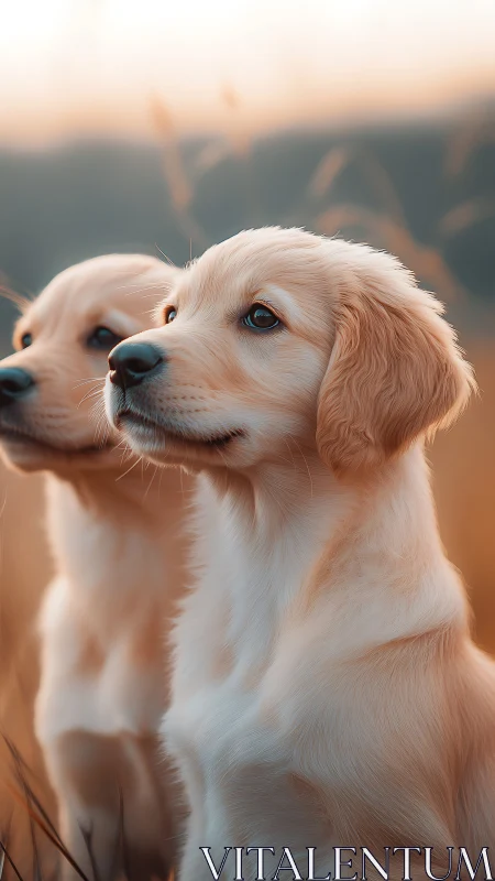 Golden retriever puppies in warm sunset field portrait.