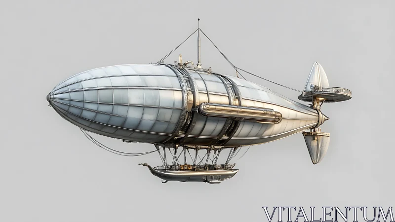 Sleek steampunk airship glides through pale, silent skies.