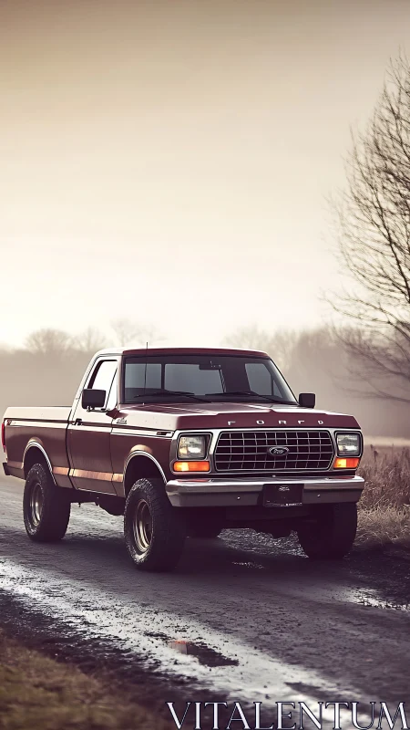 Vintage Ford pickup truck stands on wet rural roadside