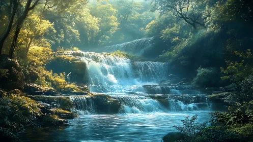 Sunlit forest cascades over terraced emerald pools.