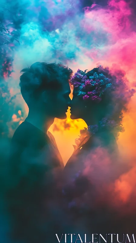 Silhouetted Lovers Embrace Within Colorful Smoke.