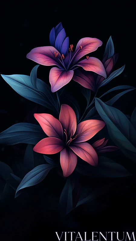 Bioluminescent Lilies Against Darkness: Digital Botanical Study.