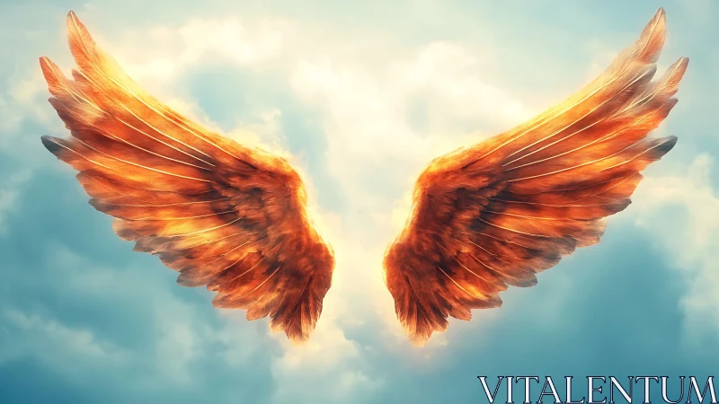 Radiant golden angel wings suspended in luminous sky.