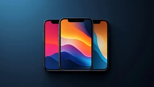 Three Iridescent Smartphones Displaying Luminous Gradient Wallpapers
