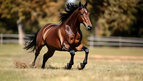 Bay horse moves at gallop across grass paddock in daylight