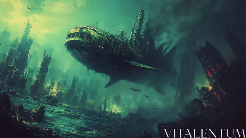Colossal flying warship above drowned cyberpunk ruins.