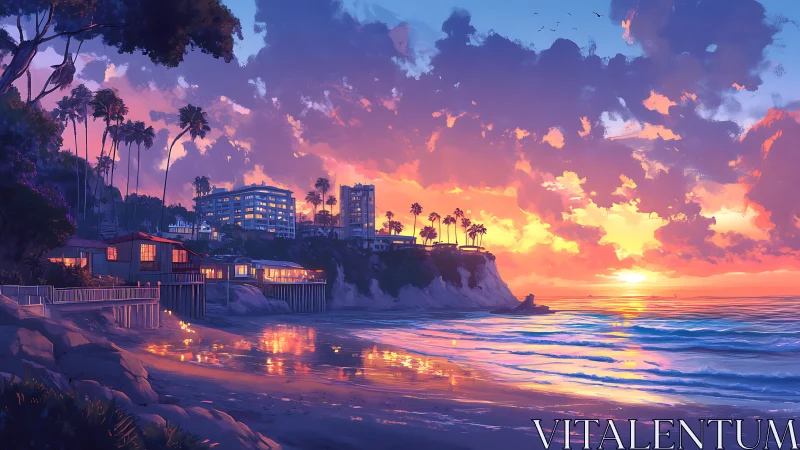 Digital painting coastal sunset with cliffside villas and surf glow.