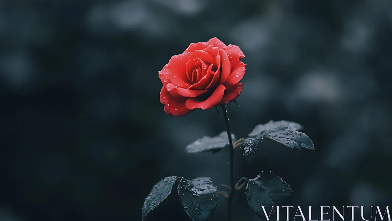 Crimson Rose with Dewdrops: Moody Botanical Portrait Study