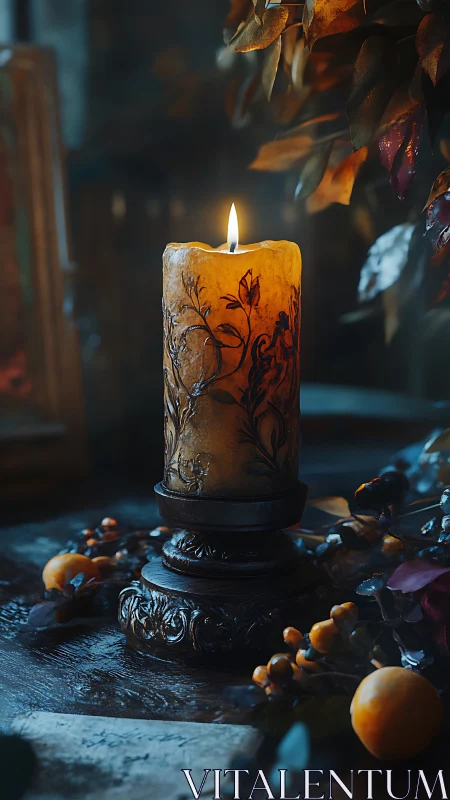 Decorated pillar candle burns on carved metal stand indoors