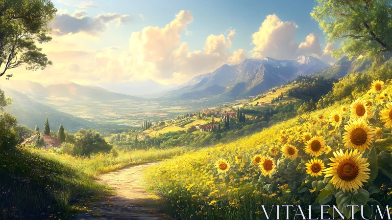 Sunlit sunflower valley unfolds toward distant alpine range