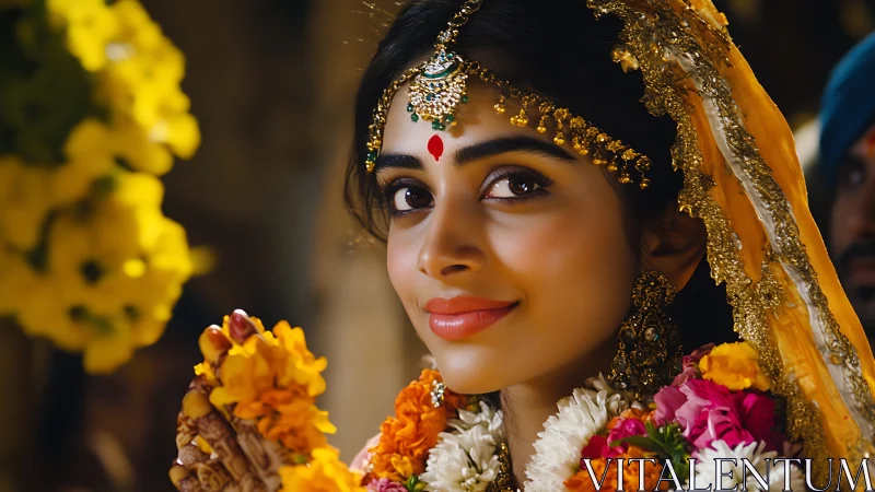 Close portrait of Indian bride with ornate garlands and jewelry