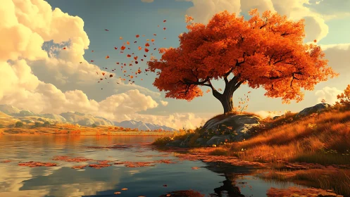 Solitary autumn tree overlooks reflective lake under warm sky