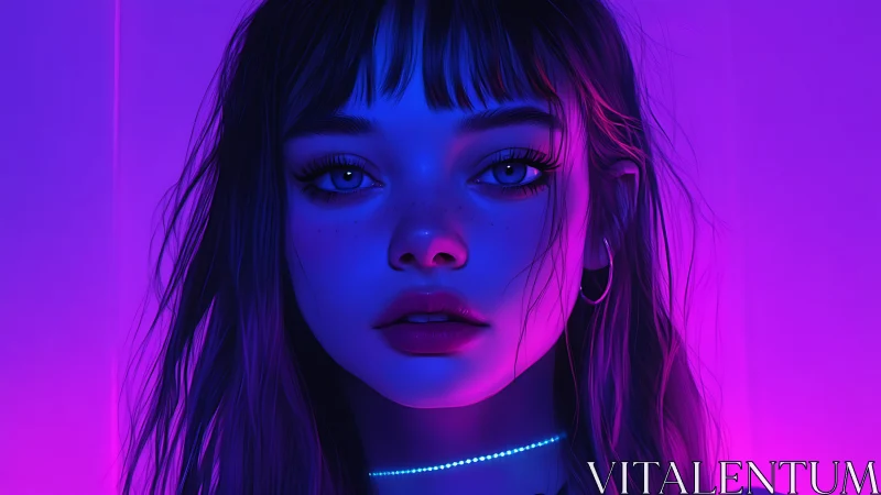 Neon glow wraps a thoughtful girl in dreamy purple light