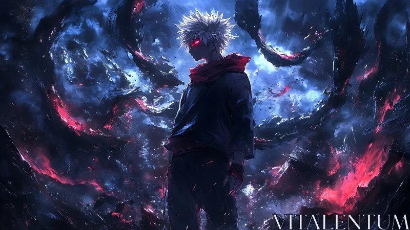 White haired antihero commands swirling crimson void storm.