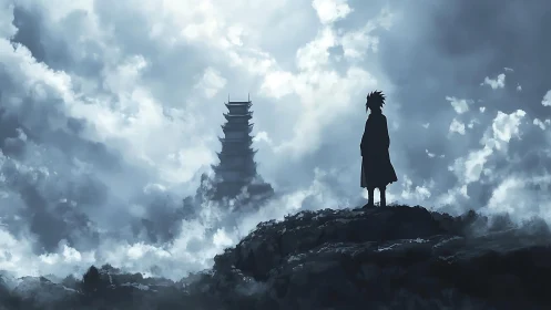 Lone wanderer studies distant pagoda in stormy mountain mist.