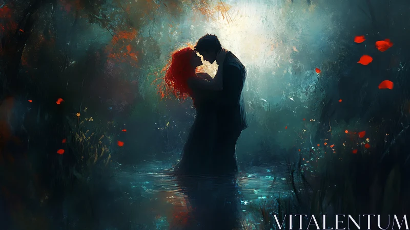 Romantic silhouette couple with red hair, luminous water setting, warm backlighting.