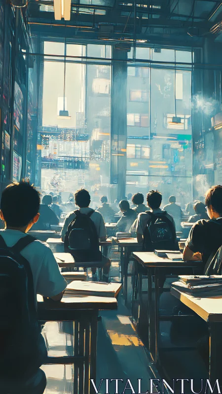 Futuristic classroom shows students facing towering cityscape