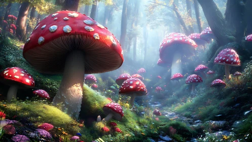 Dense forest scene with oversized red toadstool mushrooms.