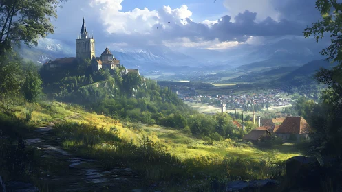 Hilltop church overlooks valley town under broken clouds