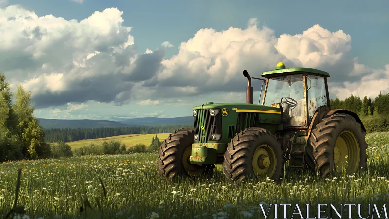 Sunlit green tractor resting in a peaceful wildflower field.