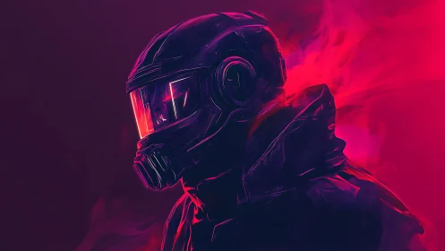 Neon-lit sci fi soldier stands in swirling crimson vapor