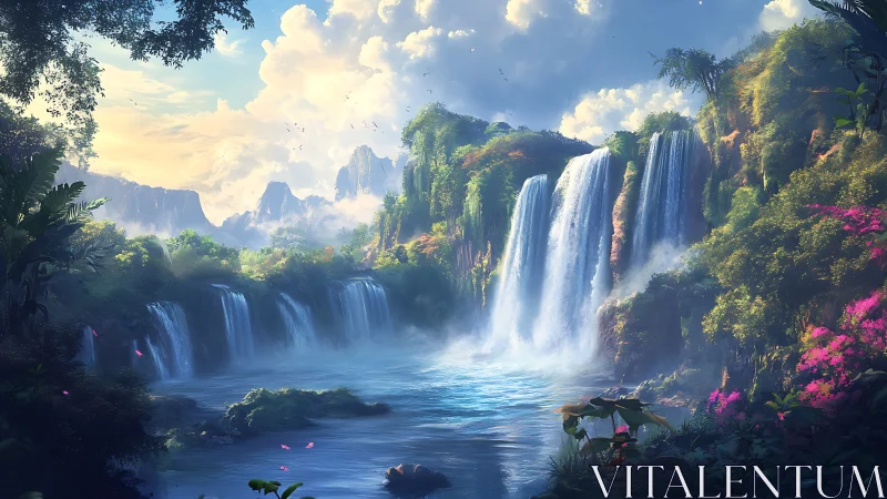 Luminous tropical cascades over misted jungle basin.