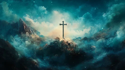 Lone cross crowns misty mountain under celestial light.