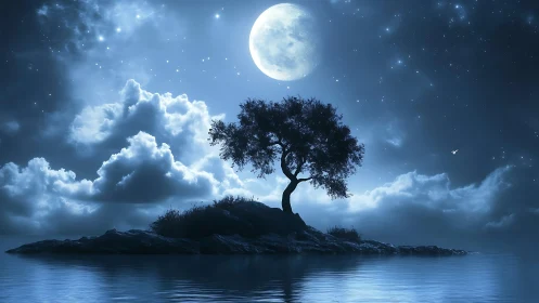 Lonely moonlit tree crowns a tranquil island under stars