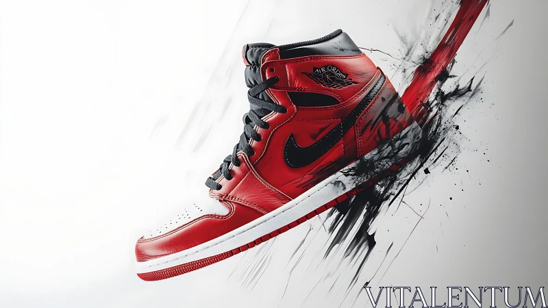 Red high-top sneaker bursts through abstract paint streaks