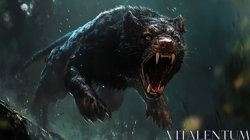 Ferocious black panther lunges through a stormy jungle night.