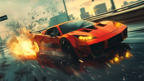 Fire-drenched street racer slicing dawn rain and steel skies.
