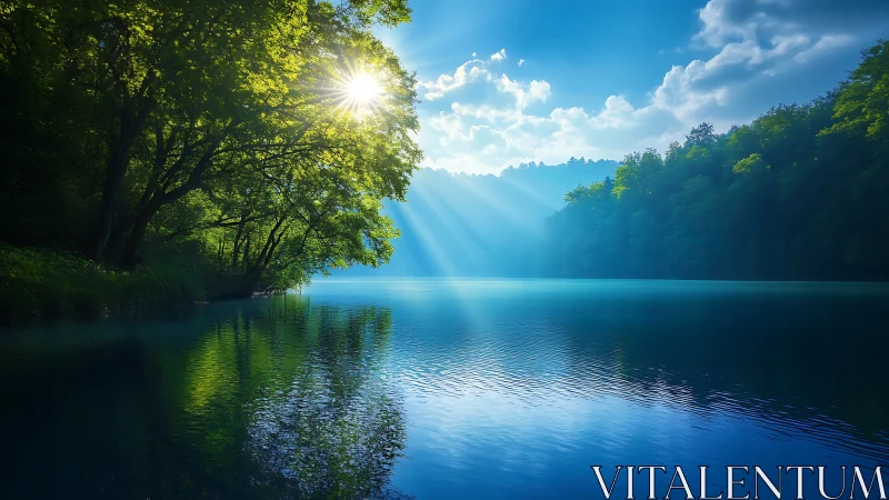 Sunlit forest lake with radiant morning light beams.