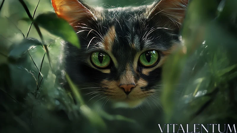Calico Cat Portrait with Viridian Eyes Among Verdant Foliage